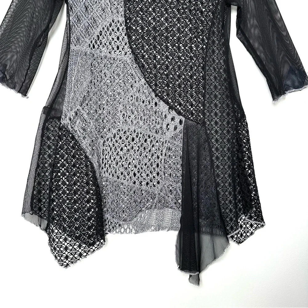 Boho Y2K Black Sheer Crochet Patchwork Whimsigoth Asymmetrical Mixed Media Tunic - Picture 4 of 9